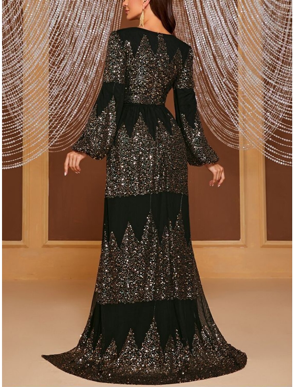 Vestido de noche elegante con corte en forma de columna, corte formal, cola larga, escote en V, poliéster, pliegues, abertura con lentejuelas