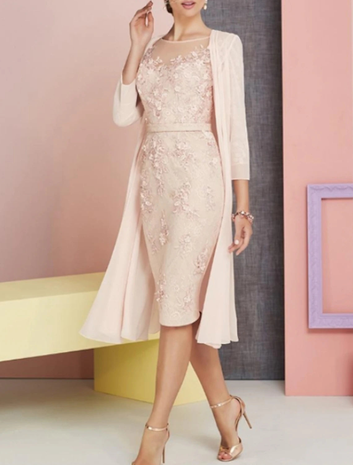Abito da cerimonia per la madre della sposa, in due pezzi, con scollo a barchetta, lunghezza al ginocchio, in chiffon, pizzo, maniche a 3/4, per invitati al matrimonio, in chiesa, elegante, vintage, taglie forti, con applicazioni