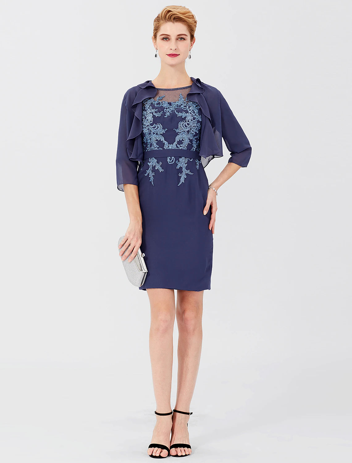 Vestido de madre de la novia con corte tubo/columna, formal, clásico y atemporal, elegante y lujoso, convertible, cuello ilusión, largo hasta la rodilla, gasa, manga 3/4, sí, con faja/cinta