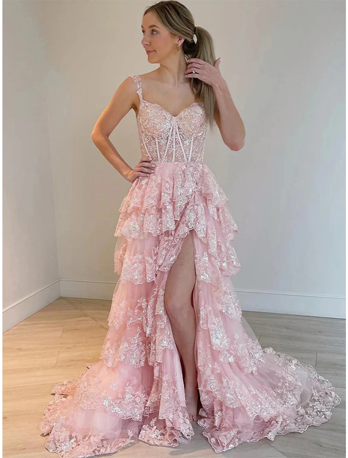 Sky Blue Tulle Lace A-Line Floor-Length Dress with Sweetheart Neckline & Back Zip