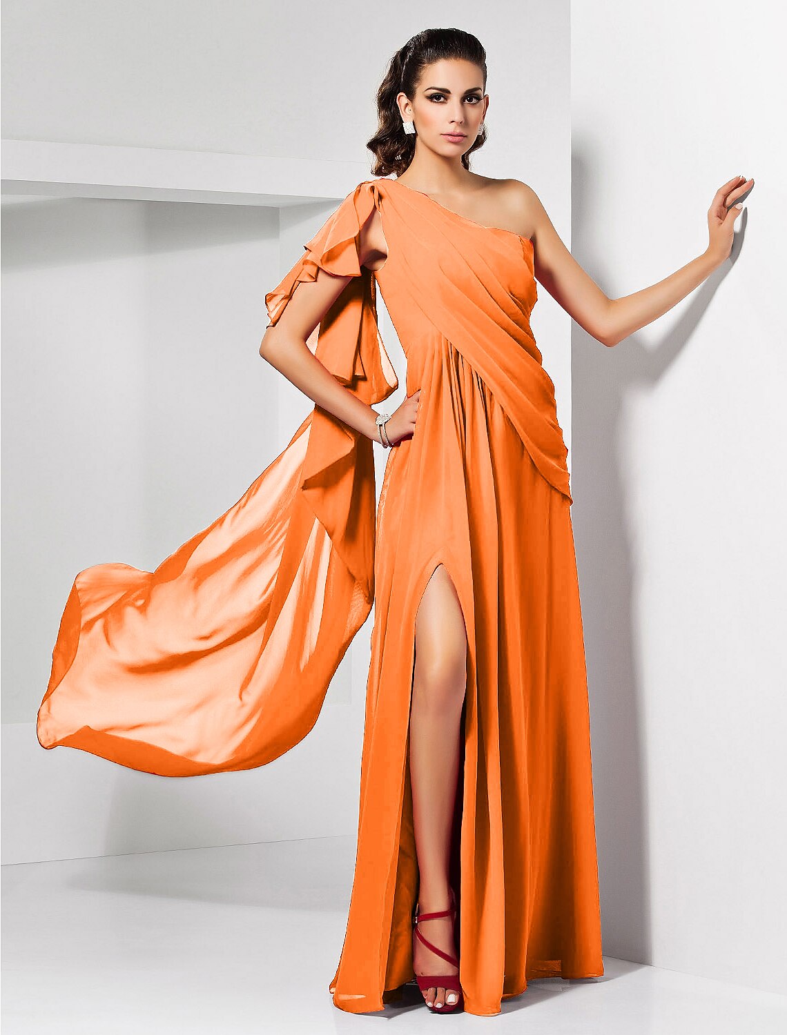 Abito da sera formale in stile impero, con una spalla, senza maniche, lunghezza al pavimento, in chiffon, con spacco drappeggiato, per invitati a nozze, con tubino rosso e verde natalizio