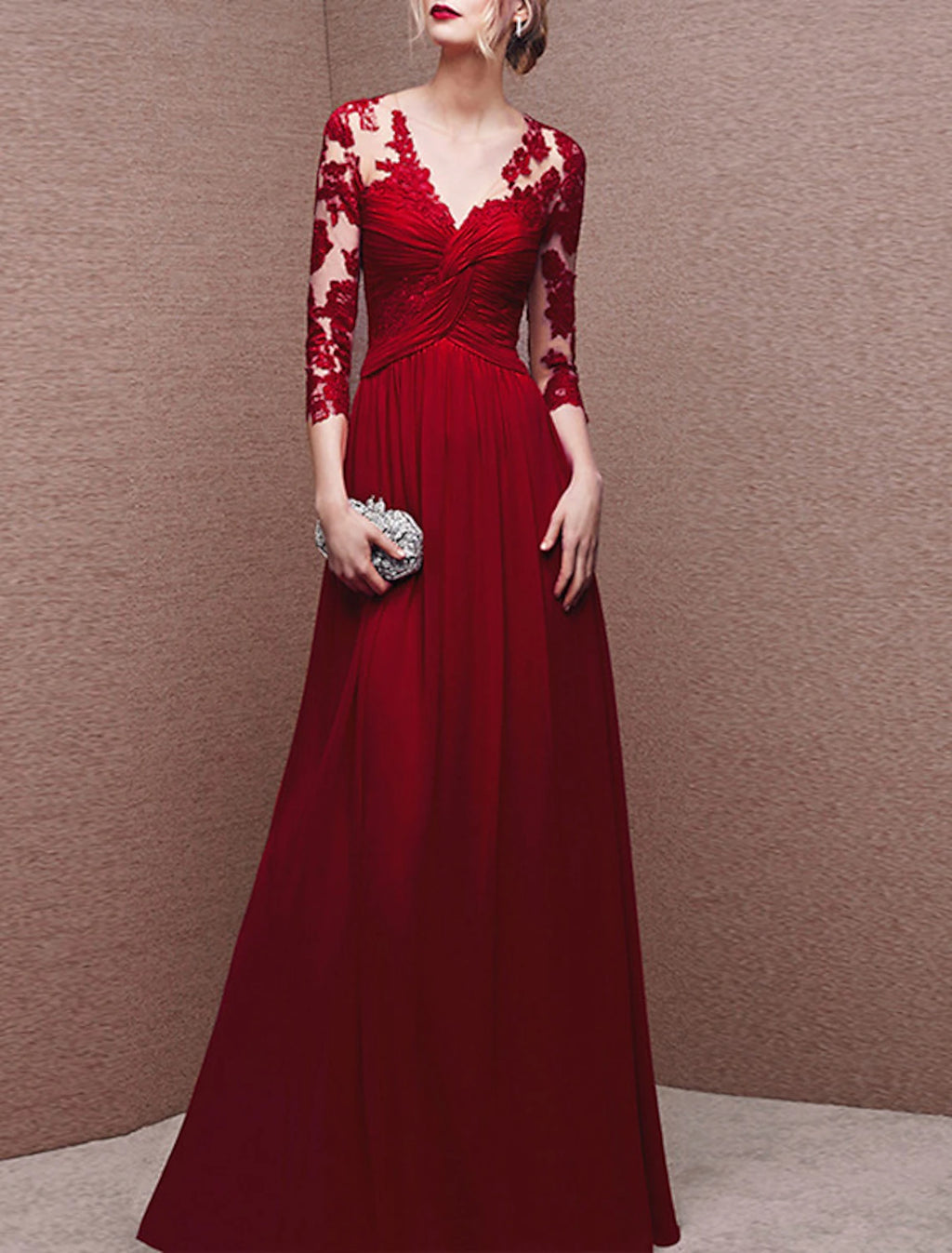 Burgundy Chiffon V-Neck A-Line Floor-Length Evening Dress with Lace Illusion Sleeves