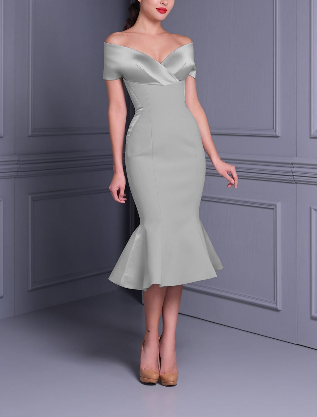 Grey Satin Off-the-Shoulder Mermaid Midi Dress