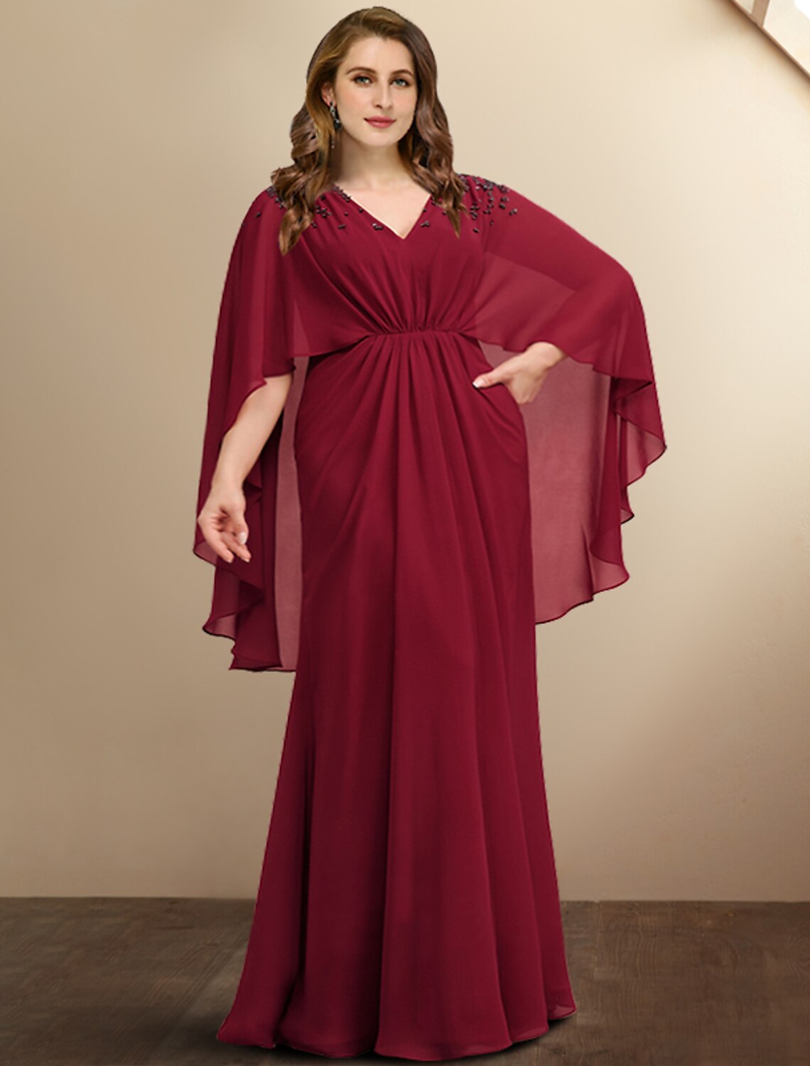 Abiti da sposa a trapezio per la madre della sposa, taglie forti, eleganti, con curve che nascondono la pancia, lunghi fino al pavimento, senza maniche, scollo a V, in chiffon con pieghe e perline.