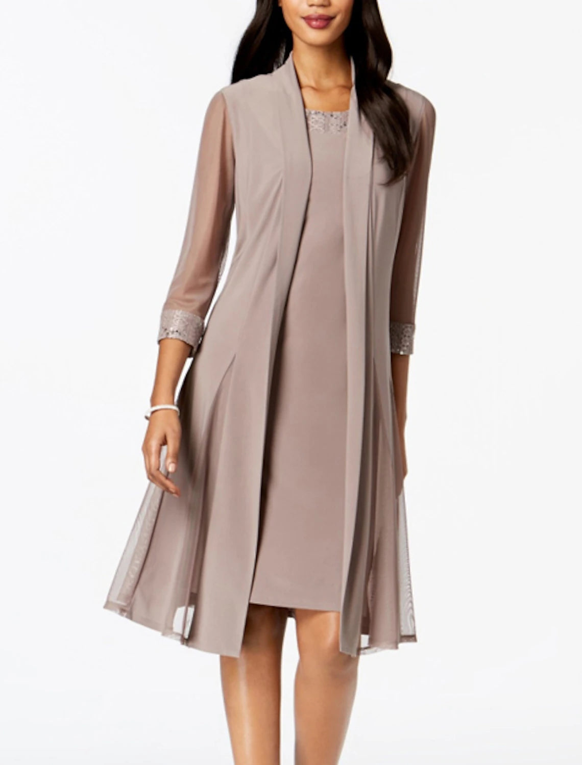 Two Piece Sheath / Column Mother of the Bride Dress Wedding Guest Elegant Jewel Neck Knee Length Chiffon Sleeveless Wrap Included Jacket Dresses with Sequin Ruching