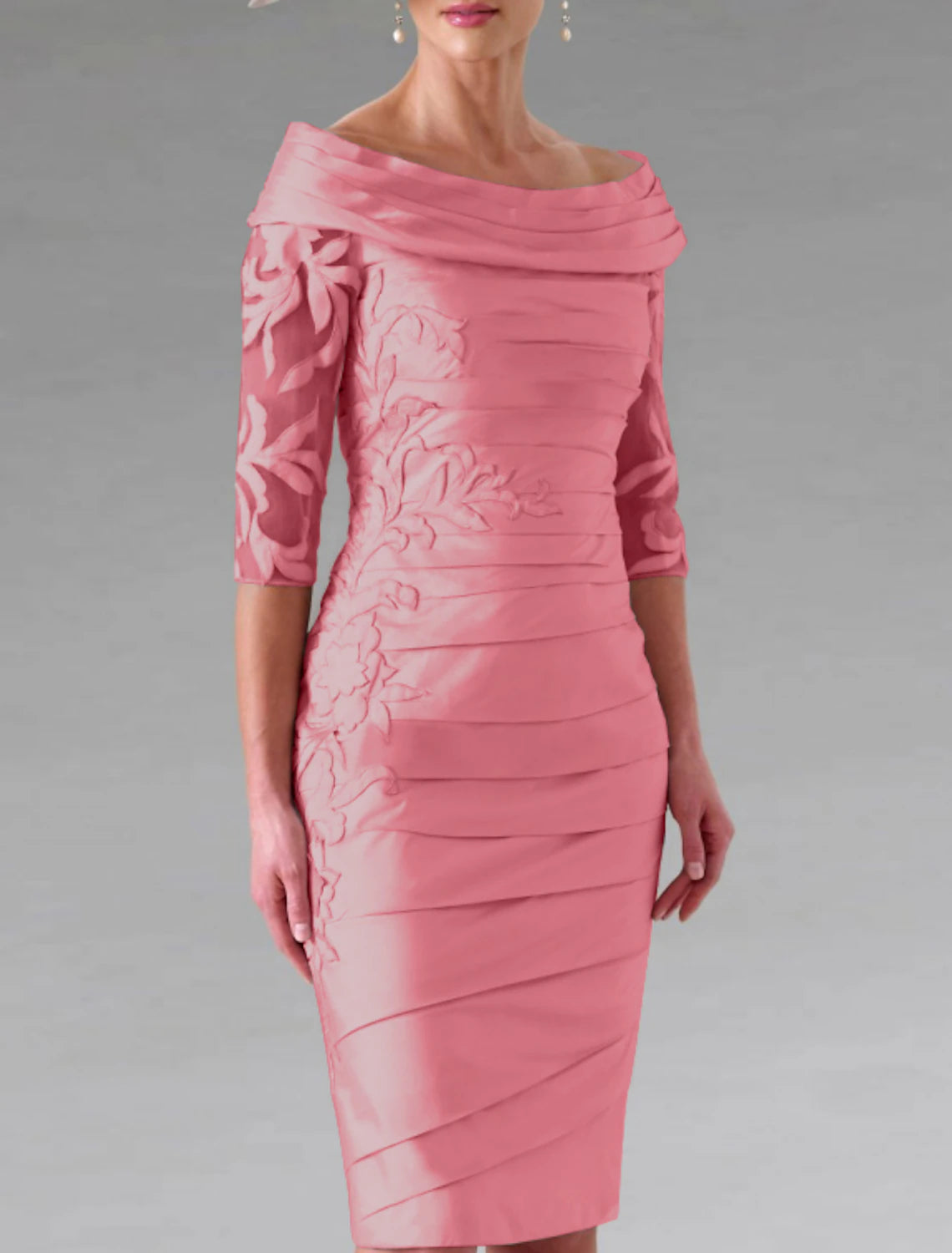 Sheath / Column Mother of the Bride Dress Wedding Guest Elegant Off Shoulder Knee Length Taffeta Half Sleeve with Appliques Ruching