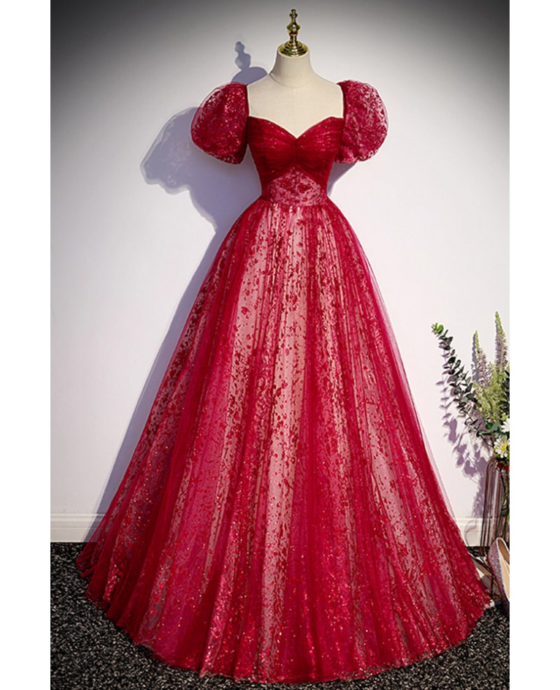 Vestido de noche único y hermoso de color rojo vino con lentejuelas, escote cuadrado, manga corta, corte A/princesa, espalda descubierta, lazo anudado y largo hasta el suelo.