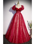 Vestido de noche único y hermoso de color rojo vino con lentejuelas, escote cuadrado, manga corta, corte A/princesa, espalda descubierta, lazo anudado y largo hasta el suelo.
