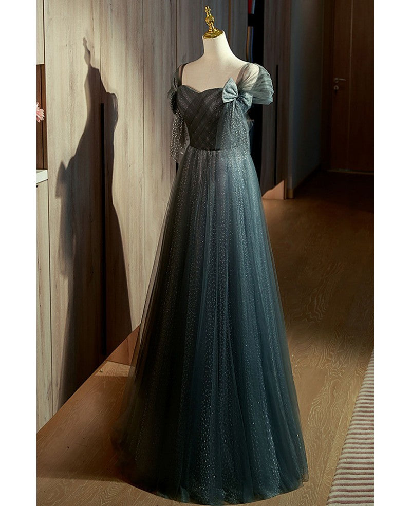 Unique Ink Blue Spotted Off Shoulder Short Sleeve Sequin Ball Dress Ink Blue A-line Off Back Tie Bow and Floor Length Prom Dress