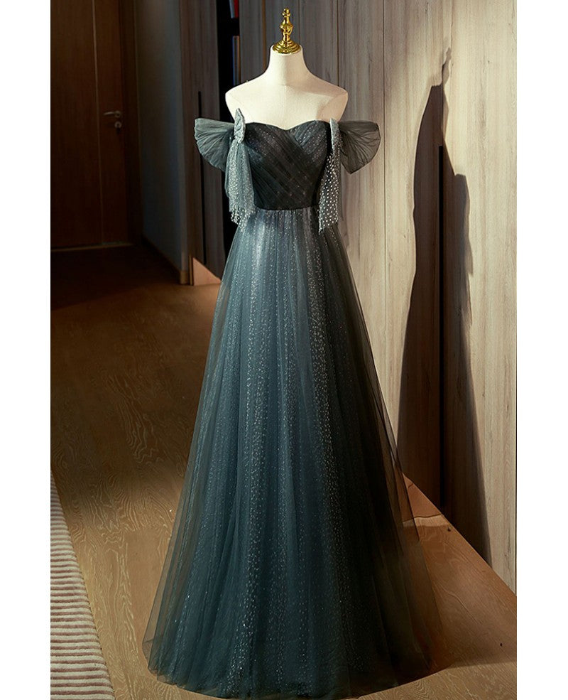 Unique Ink Blue Spotted Off Shoulder Short Sleeve Sequin Ball Dress Ink Blue A-line Off Back Tie Bow and Floor Length Prom Dress