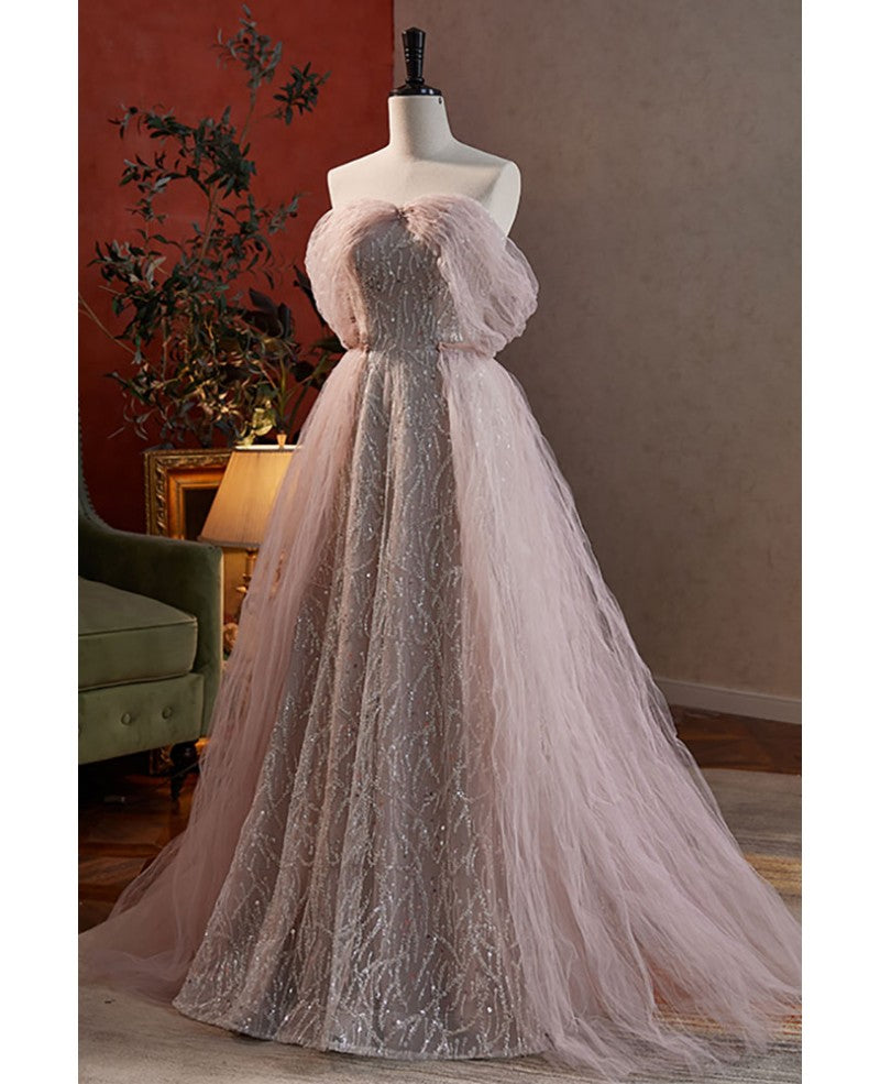 Vestido de noche rosa oscuro con hombros descubiertos, manga corta, lentejuelas y cuentas, elegante y encantador, estilo princesa en forma de A, con tirantes y sin espalda, largo hasta el suelo, color rosa oscuro.