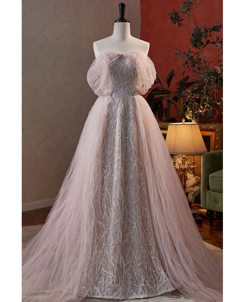 Vestido de noche rosa oscuro con hombros descubiertos, manga corta, lentejuelas y cuentas, elegante y encantador, estilo princesa en forma de A, con tirantes y sin espalda, largo hasta el suelo, color rosa oscuro.