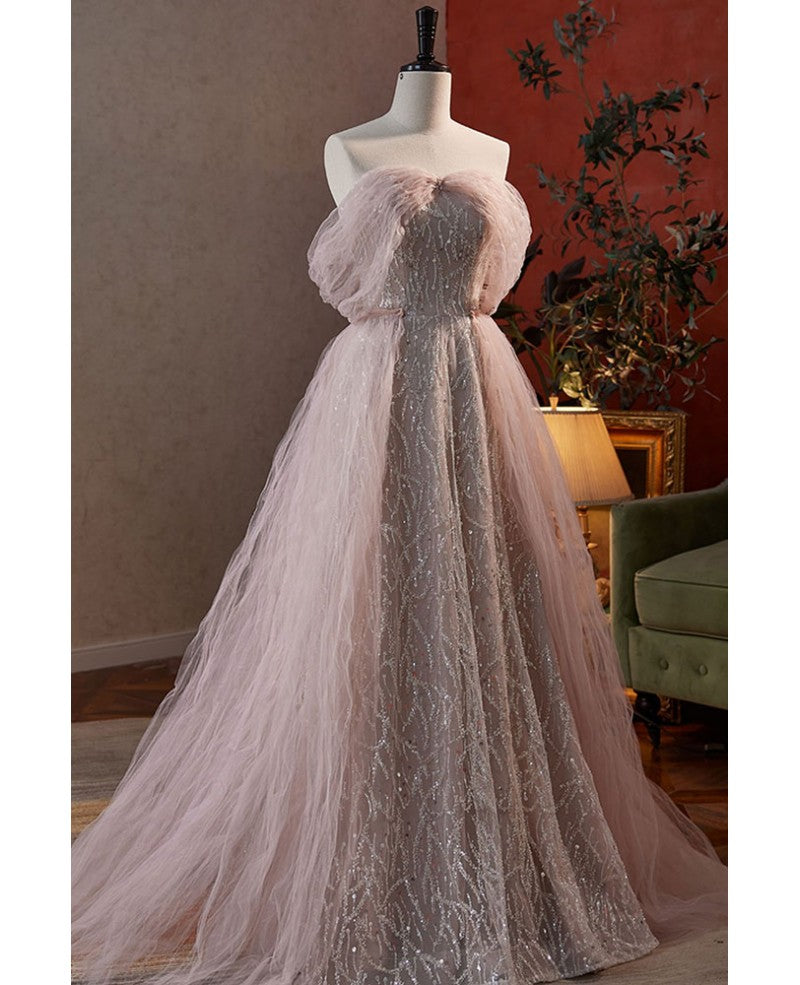 Vestido de noche rosa oscuro con hombros descubiertos, manga corta, lentejuelas y cuentas, elegante y encantador, estilo princesa en forma de A, con tirantes y sin espalda, largo hasta el suelo, color rosa oscuro.