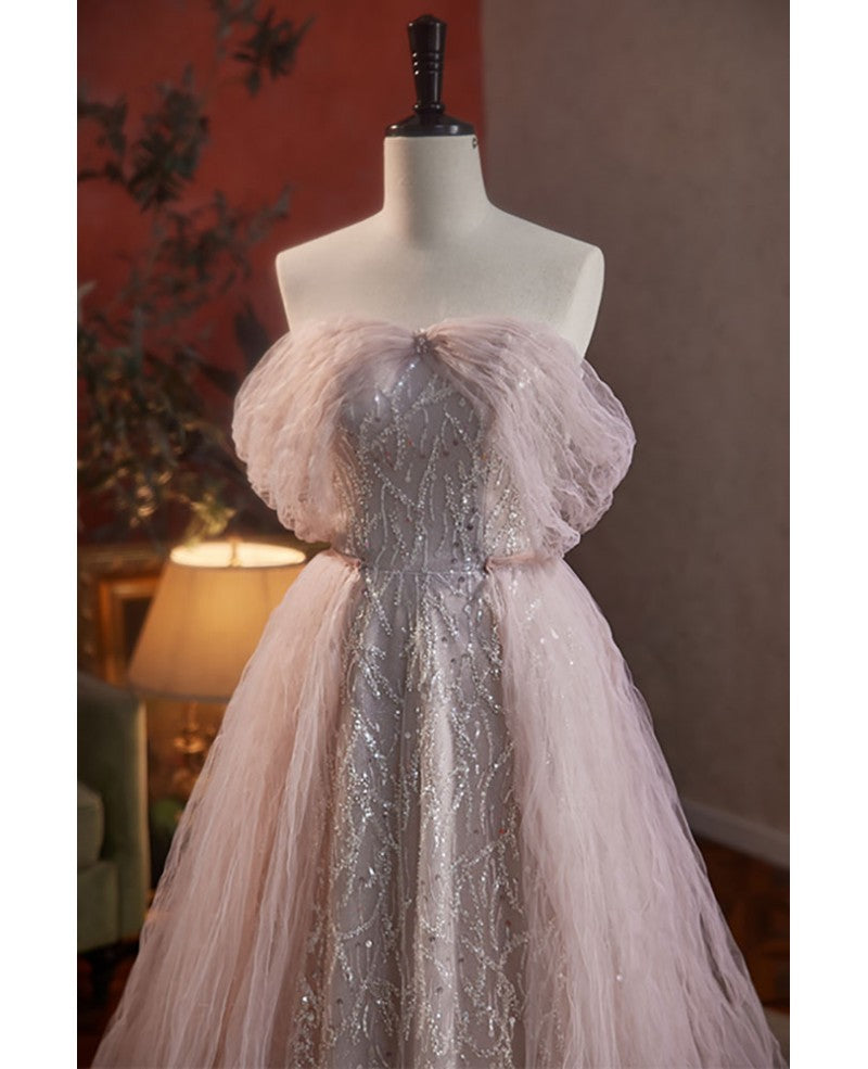 Vestido de noche rosa oscuro con hombros descubiertos, manga corta, lentejuelas y cuentas, elegante y encantador, estilo princesa en forma de A, con tirantes y sin espalda, largo hasta el suelo, color rosa oscuro.