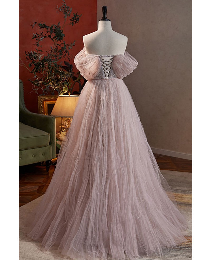 Vestido de noche rosa oscuro con hombros descubiertos, manga corta, lentejuelas y cuentas, elegante y encantador, estilo princesa en forma de A, con tirantes y sin espalda, largo hasta el suelo, color rosa oscuro.