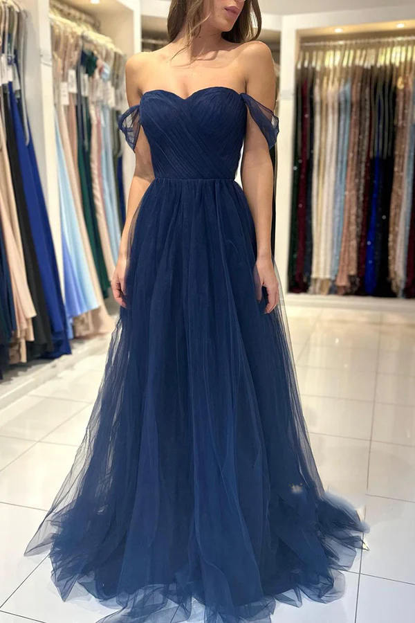 Vestido de noche formal de corte A con escote en forma de corazón de gasa plisada y bola larga