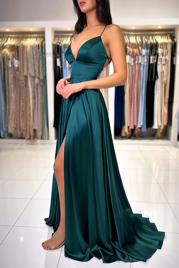 Vestido de noche de satén verde azulado con escote en V profundo y abertura en la espalda