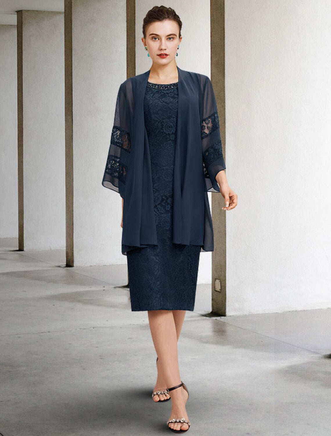 Vestido de dos piezas tipo tubo/columna para madre de la novia, para invitada de boda, talla grande, elegante, cuello joya, largo hasta la rodilla, de gasa, con encaje, sin mangas y apliques de cuentas, para otoño