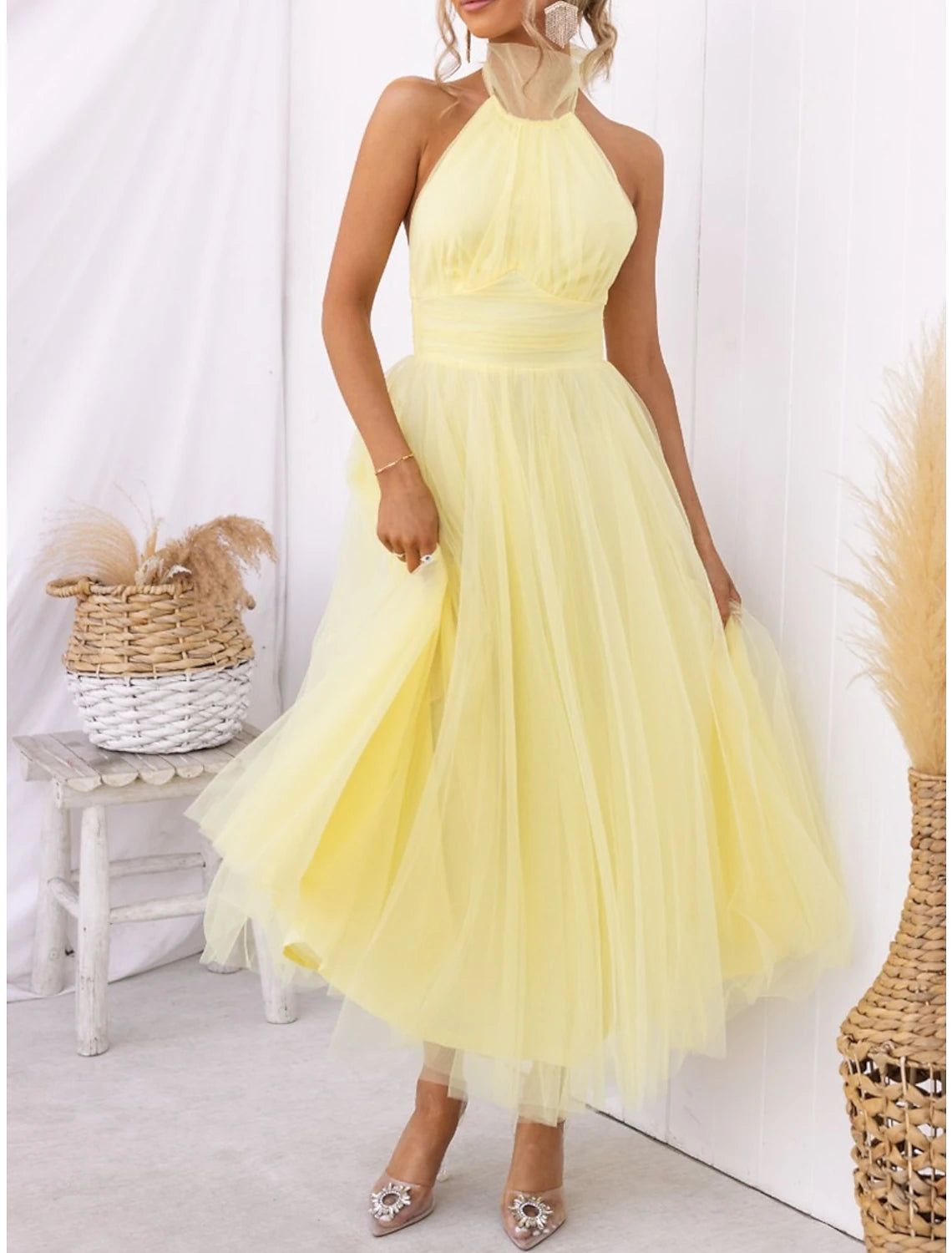 Women's Prom Dress Party Dress Homecoming Dress Long Dress Maxi Dress Black White Yellow Sleeveless Pure Color Mesh Summer Spring Halter Neck Fashion Evening Party Wedding Guest Vacation