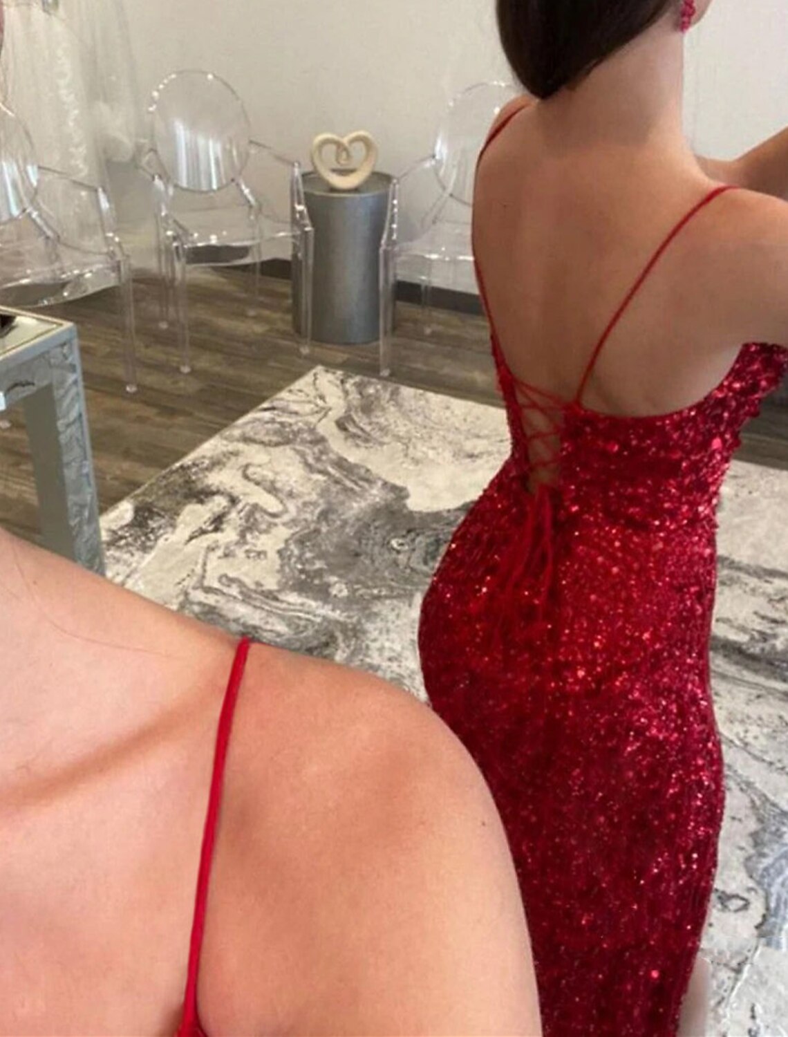 Abiti da ballo a sirena/tromba, scintillanti e brillanti, abiti da cerimonia per invitati a nozze, strascico a ruota, senza maniche, spalline sottili, paillettes con spacco in paillettes