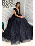 Black Glitter Ball Gown Floor-Length Evening Dress with Plunging V Neck