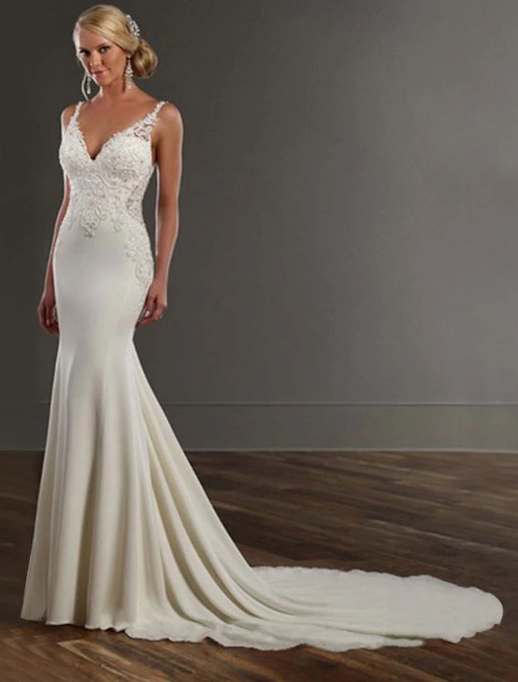 Vestidos de novia formales de corte sirena/trompeta con escote en V, sin mangas, con cola capilla y encaje, con apliques, para verano, bodas y fiestas, ropa de mujer