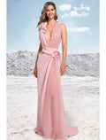 Blushing Pink Crepe Halter Sheath/column Floor-Length Dress with Plunging V-neck