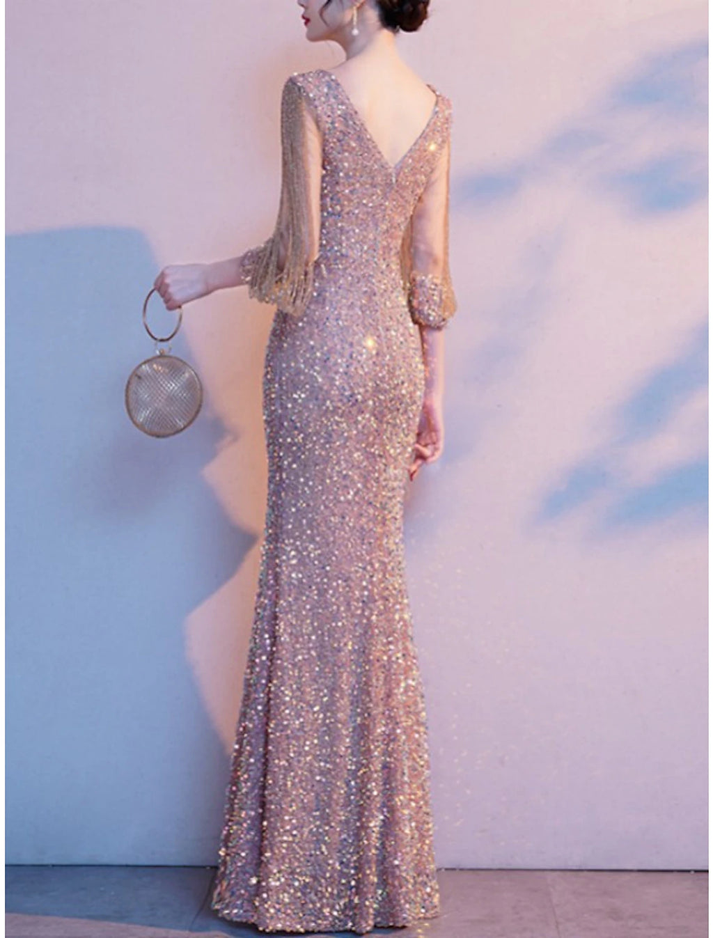 Vestido de madre de la novia con corte tubo/columna, elegante, con brillo y brillo, escote joya pequeño, largo hasta el suelo, lentejuelas, manga 3/4, color liso