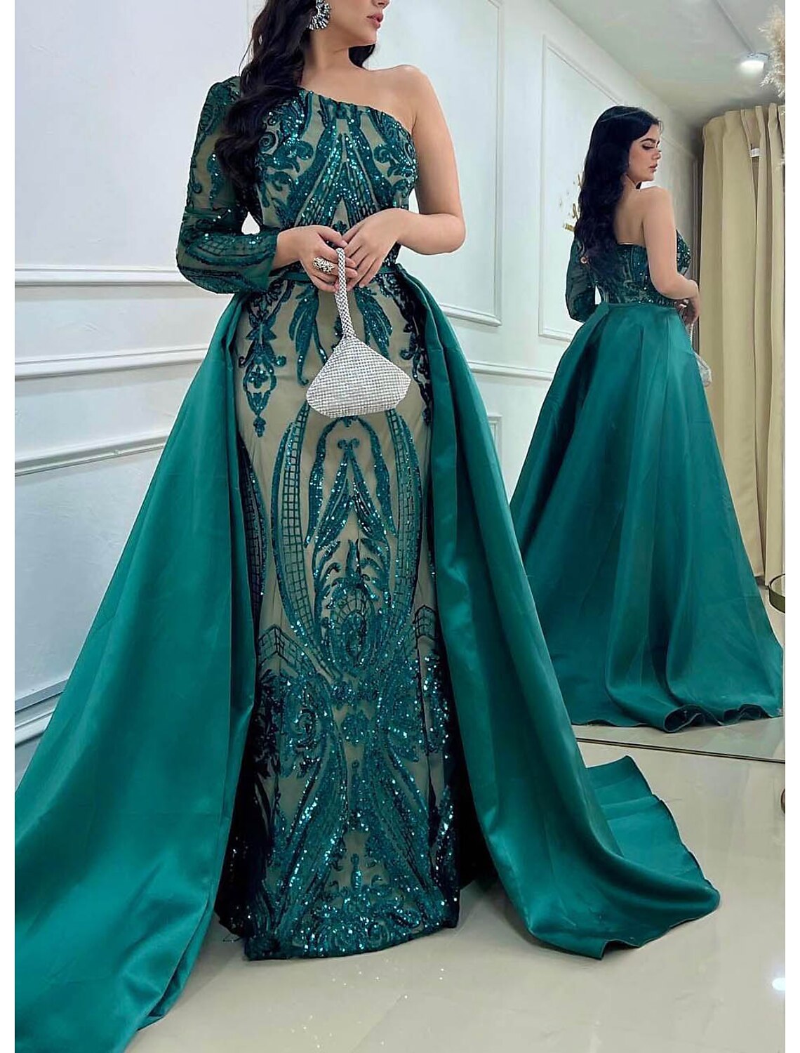 Vestido de noche elegante de sirena/trompeta, vestido formal de boda, cola de corte, manga larga, un hombro, satén desmontable con lentejuelas