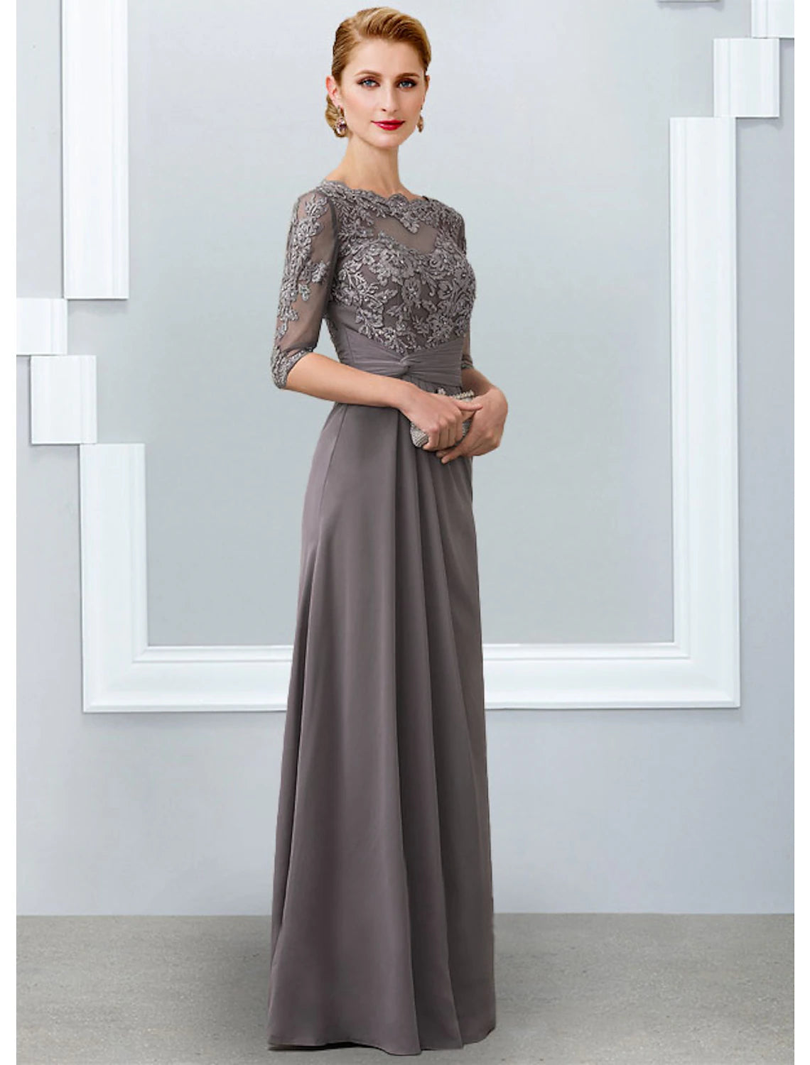 Grey Chiffon Lace A-Line Floor-Length Dress with Boat Neck, Lace Bodice & Draped Waist