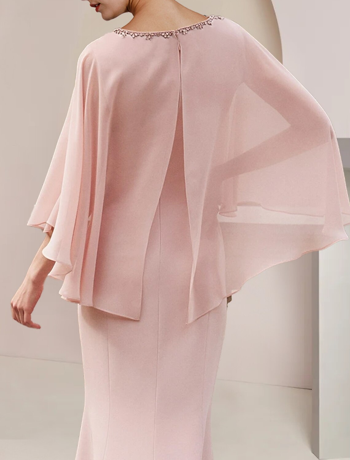 Blushing Pink Trumpet Ankle-Length Evening Dress with Beaded Boat Neck