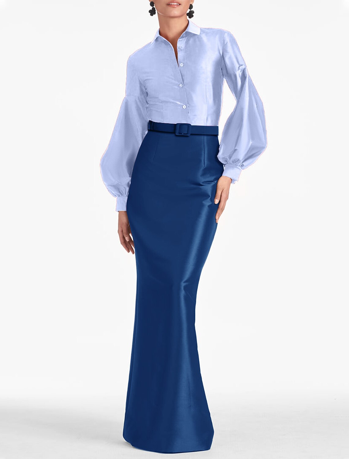 Vestido de noche elegante de sirena/trompeta, negro, formal, otoño, largo hasta el suelo, manga larga, cuello camisero, satén con tiras