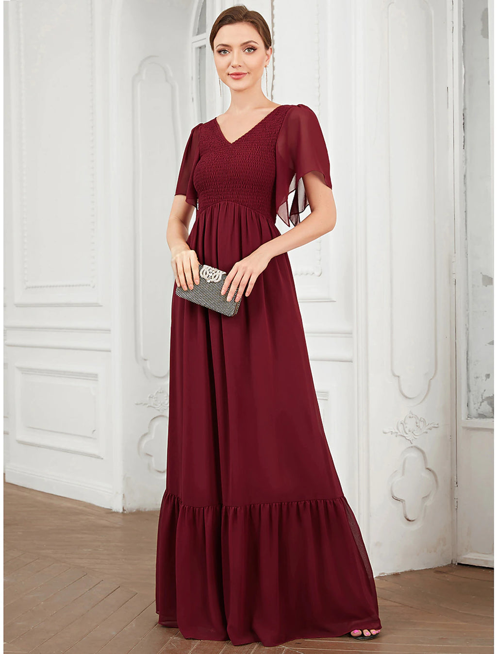 Abiti da ballo a trapezio, eleganti, da festa, lunghi fino al pavimento, maniche corte, scollo a V, in chiffon con pieghe