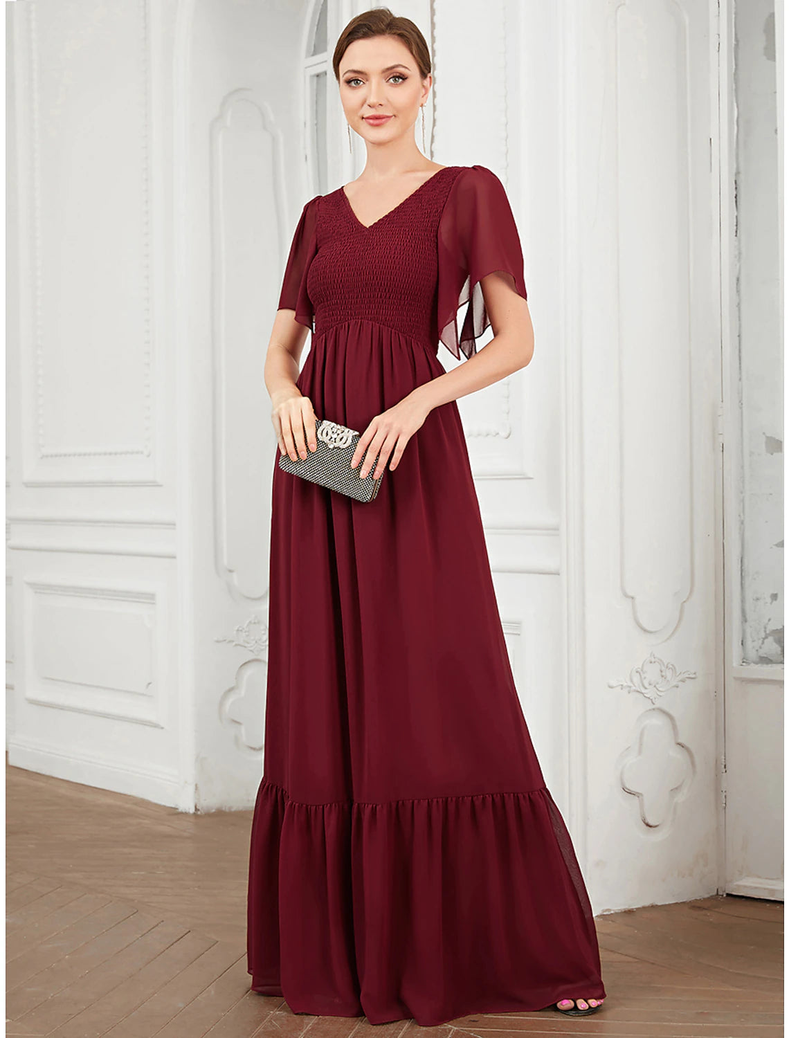 Abiti da ballo a trapezio, eleganti, da festa, da invitare a nozze, lunghi fino al pavimento, maniche corte, scollo a V, in chiffon con pieghe