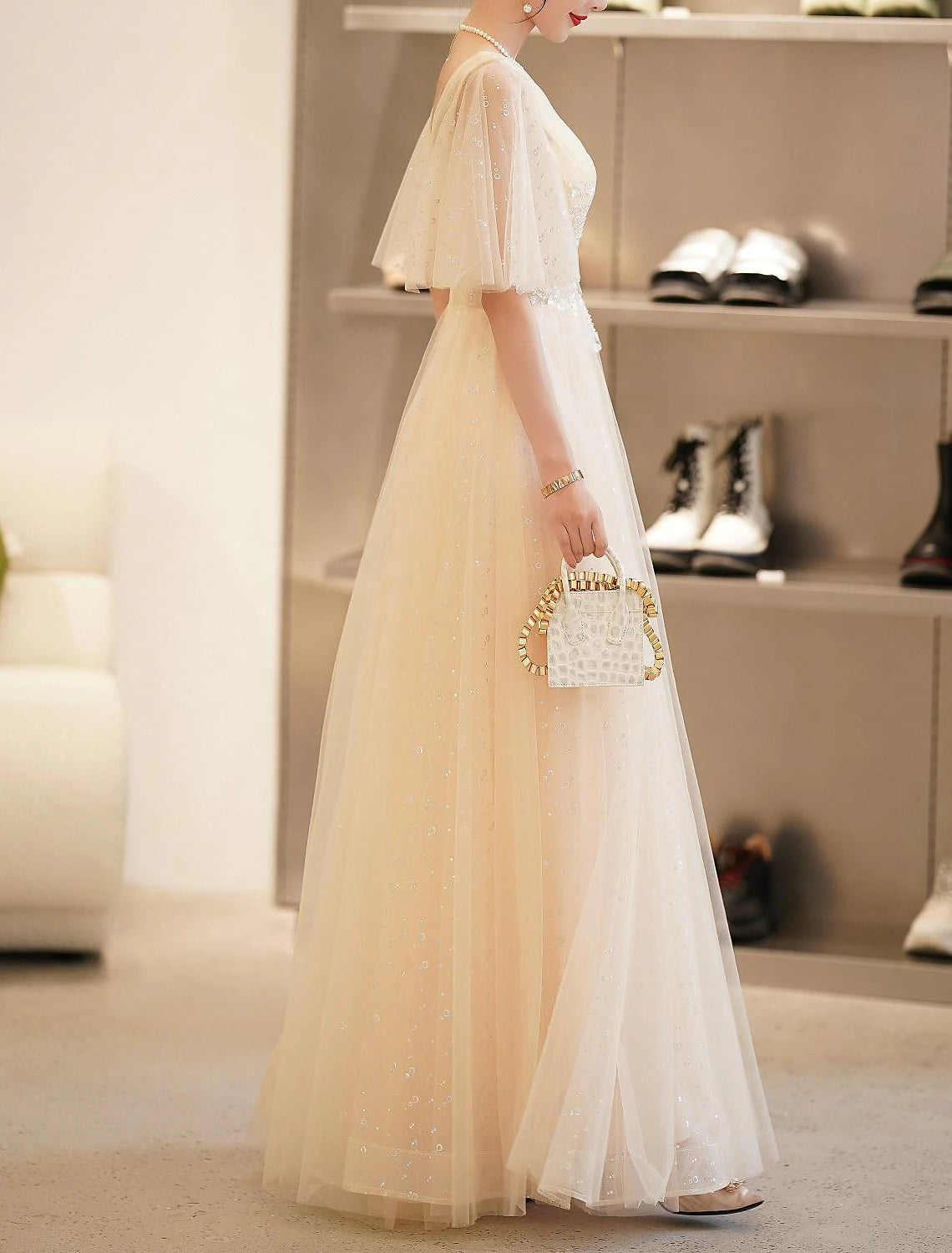 Abiti da ballo a trapezio, eleganti, da invitata a nozze, con scollo a V, in raso, con applicazioni di perline, lunghezza al pavimento