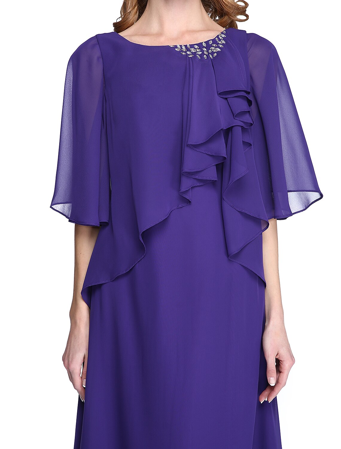 Vestido de madre de la novia con corte tubo/columna, elegante, espalda abierta, escote joya, largo hasta el suelo, gasa, media manga, pliegues, abalorios y volantes