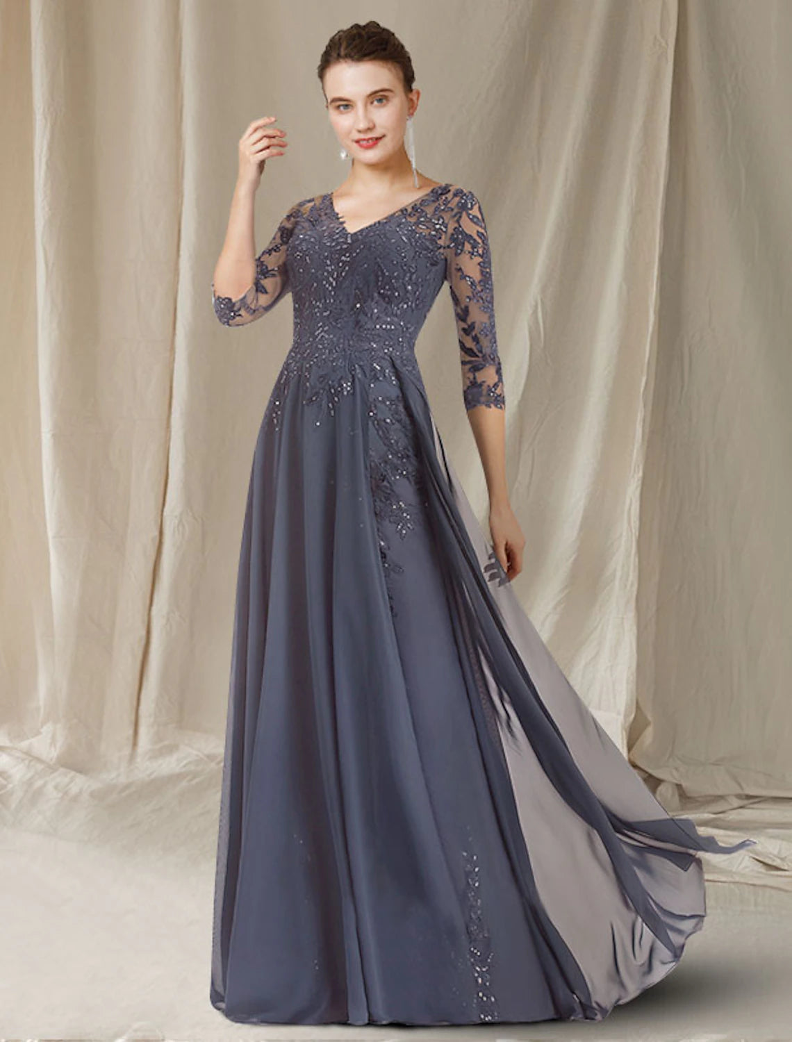 Vestido elegante de madre de la novia de corte A, escote en V, largo hasta el suelo, de gasa, encaje con lentejuelas, media manga con apliques de lentejuelas