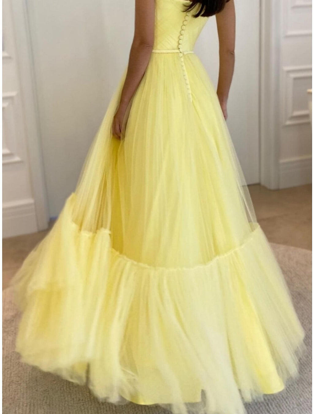 Vestido de noche elegante de corte A, formal, largo hasta el suelo, sin mangas, escote corazón, tul con pliegues