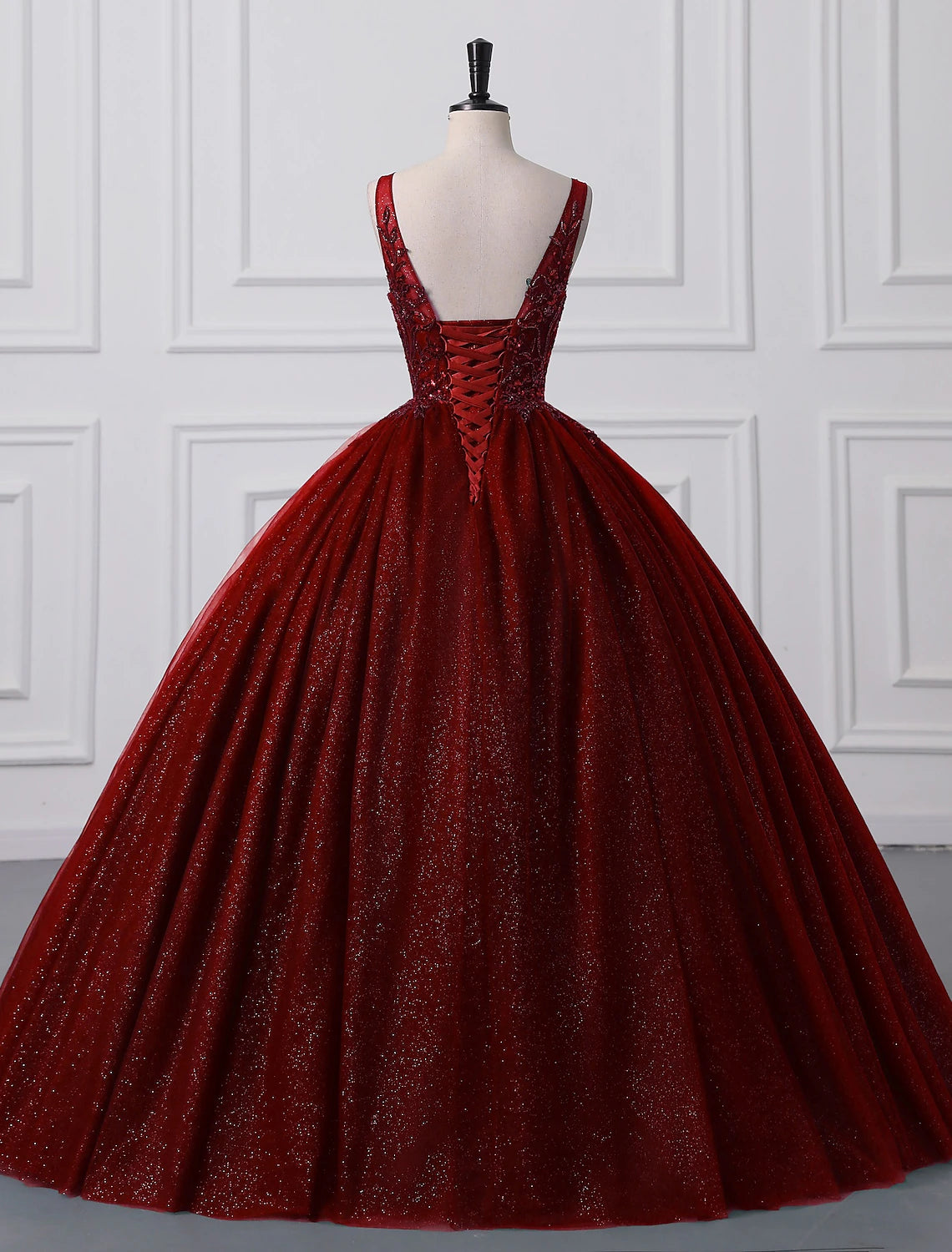 Vestido de fiesta con brillo y pedrería, para quinceañeras, cumpleaños, largo hasta el suelo, sin mangas, cuello en V, tul con apliques de lentejuelas.