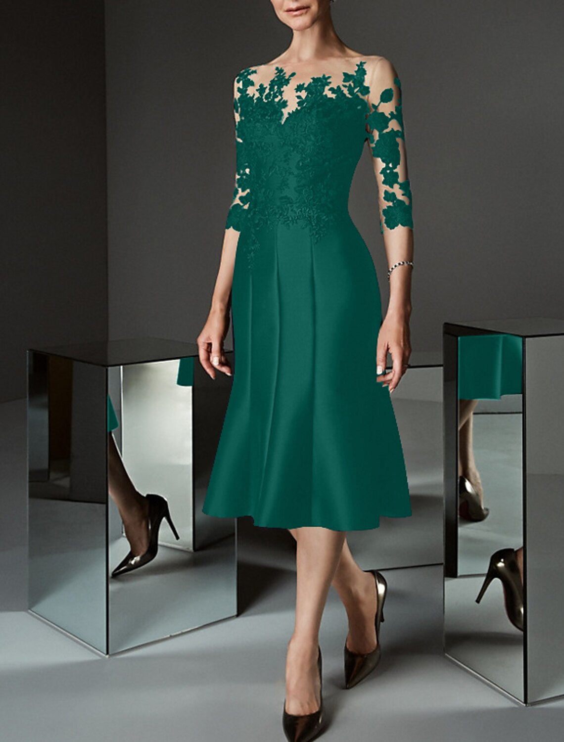 Dark Navy Satin A-Line Tea-Length Dress with Illusion Lace Bodice