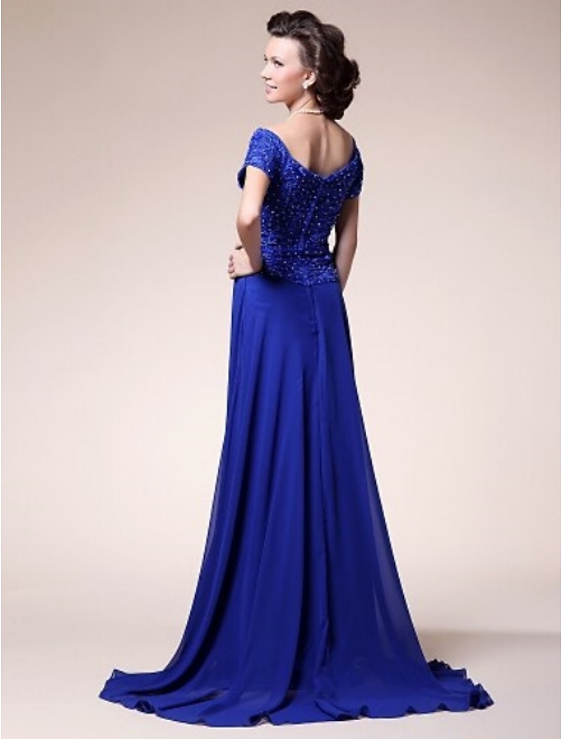 Abito da madre della sposa a trapezio, scintillante e brillante, scollo a V, strascico a ruota, in chiffon e raso, maniche corte, con perline incrociate e arricciate