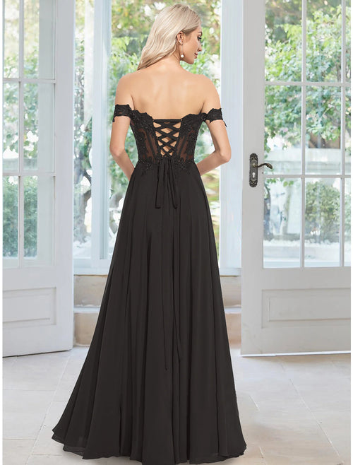 Vestido de noche de corte A, floral, para invitada de boda, baile de graduación, largo hasta el suelo, sin mangas, hombros descubiertos, de gasa con apliques
