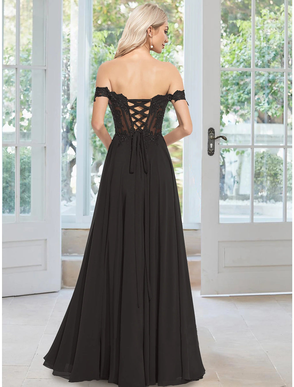 Black Chiffon Off-the-Shoulder Floor-Length Evening Dress with Lace Applique Bodice