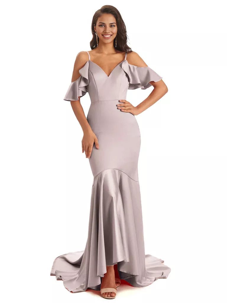 Soft Satin Asymmetric Spaghetti Straps Sleeveless Mermaid Cold Shoulder Bridesmaid Dresses