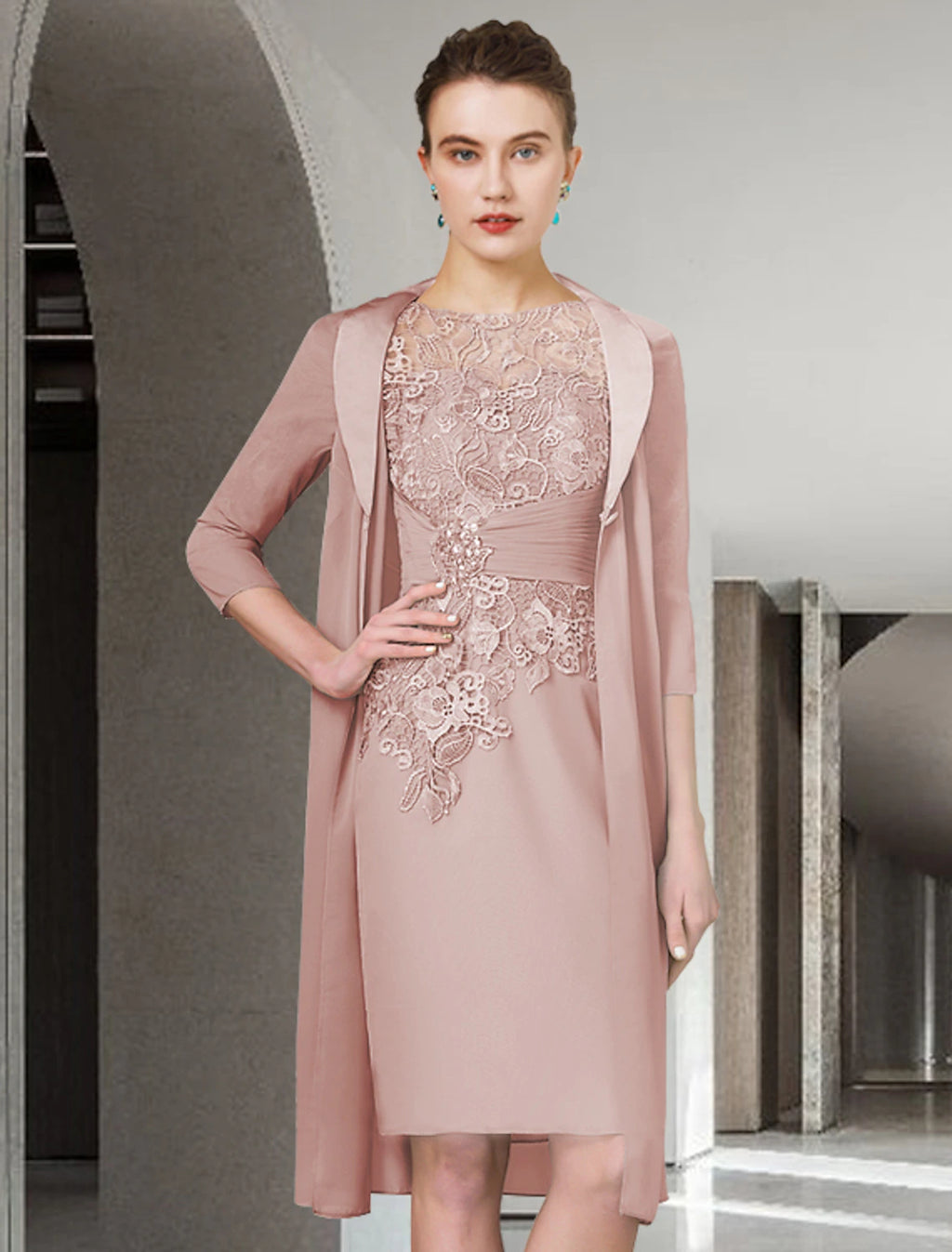 Dusty Rose Lace & Chiffon Sheath/column Knee-Length Scoop Neck Dress