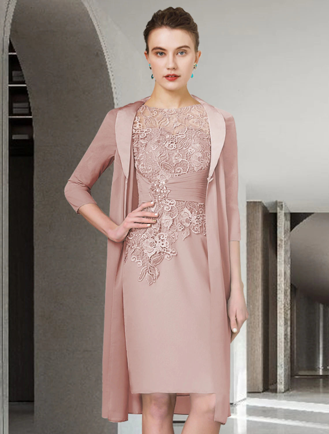Dusty Rose Lace & Chiffon Sheath/column Knee-Length Scoop Neck Dress
