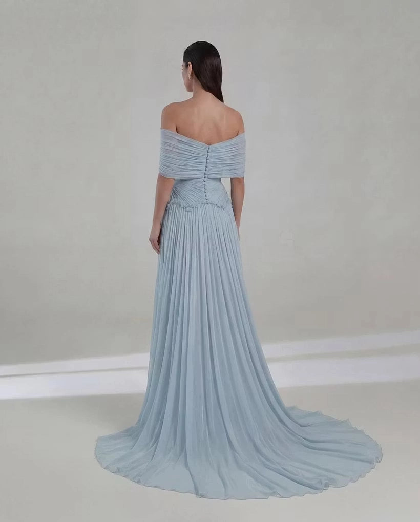 Dusty Blue Chiffon A Line Off The Shoulder Floor Length Dress Back View - Jimiss