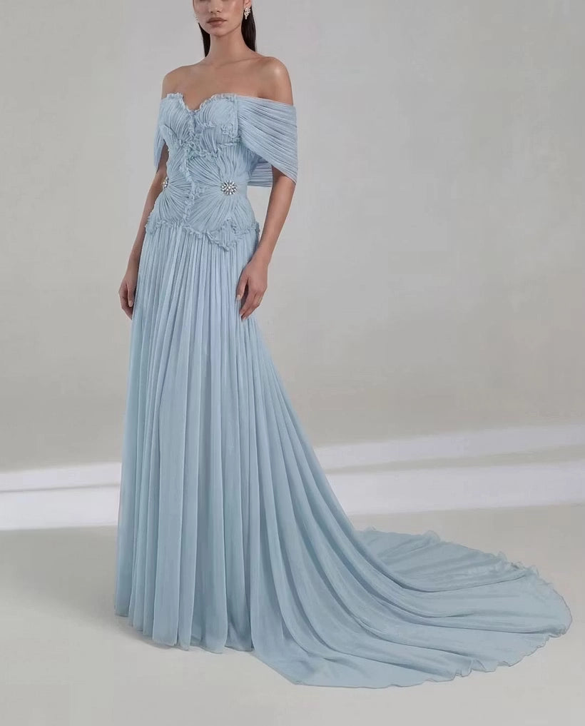 Dusty Blue Chiffon A Line Off The Shoulder Floor Length Dress Detail - Jimiss