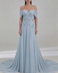 Dusty Blue Chiffon A Line Off The Shoulder Floor Length Dress Front View - Jimiss