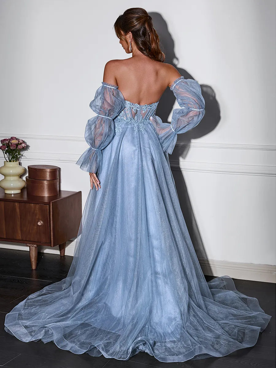 Dusty Blue Glitter Tulle Ball Gown Sweetheart Low Back Floor Length Dress - Jimiss